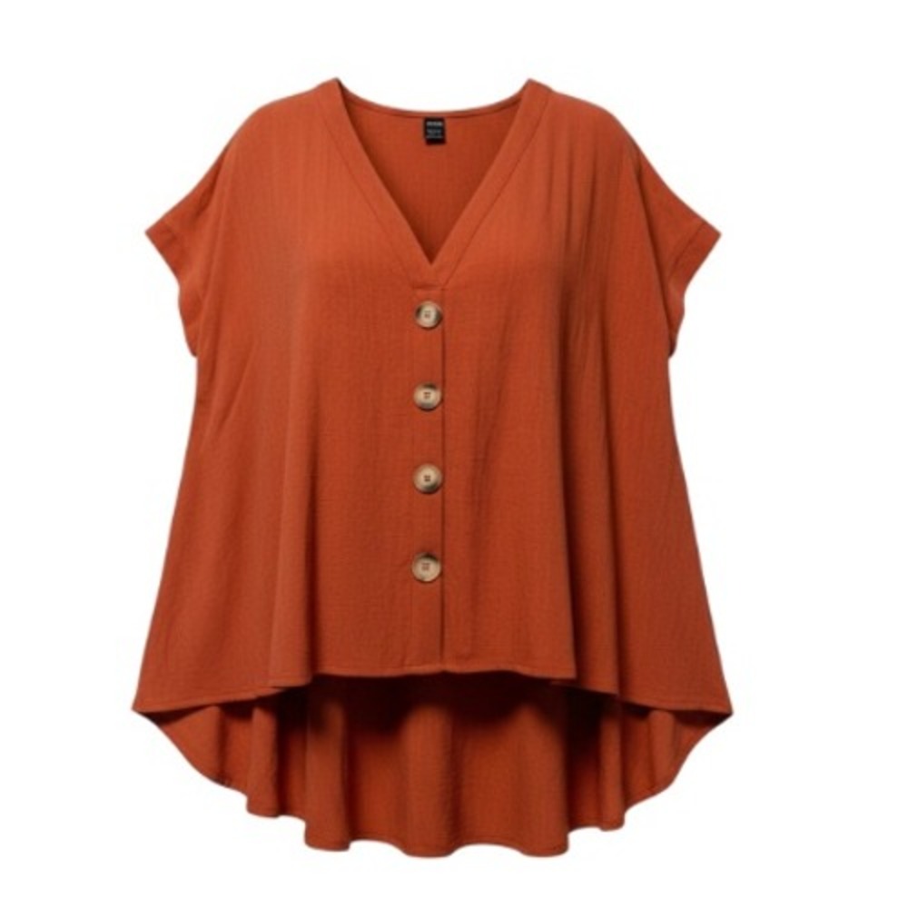 Boho Linen Blend Blouse Womens S Orange Button Front High Low
